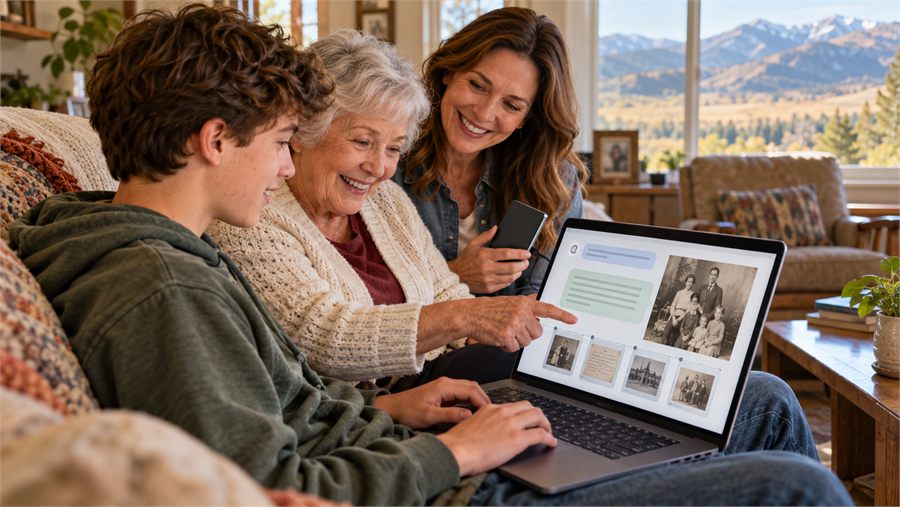 Three generations on a living room couch: a teenager types on a laptop while his grandmother points at an old family photograph on the screen and his mother looks on, smiling.