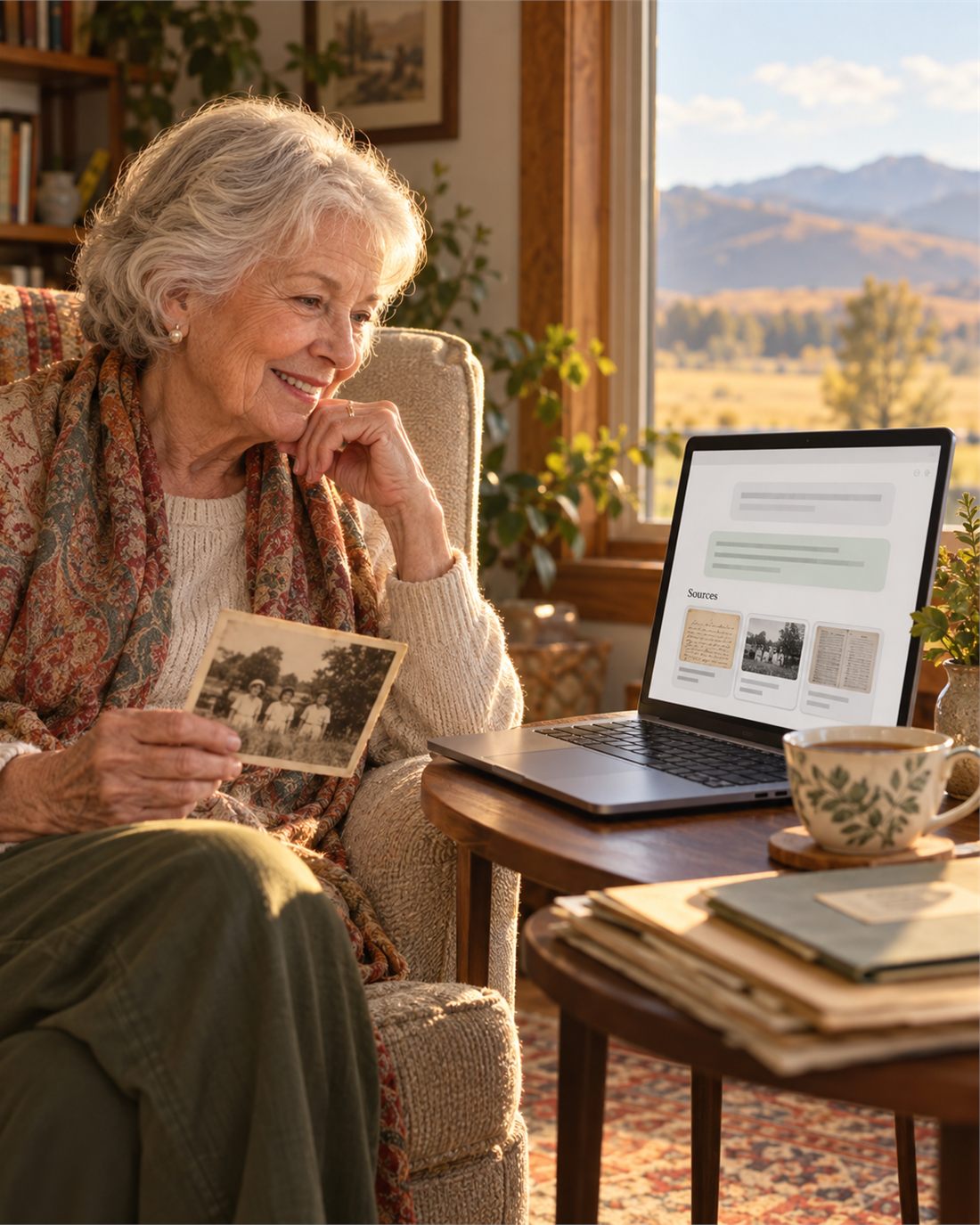 A smiling older woman in an armchair holds an old family photograph while looking at a laptop that shows a question, a friendly answer, and source documents beneath it, with Idaho foothills through the window.