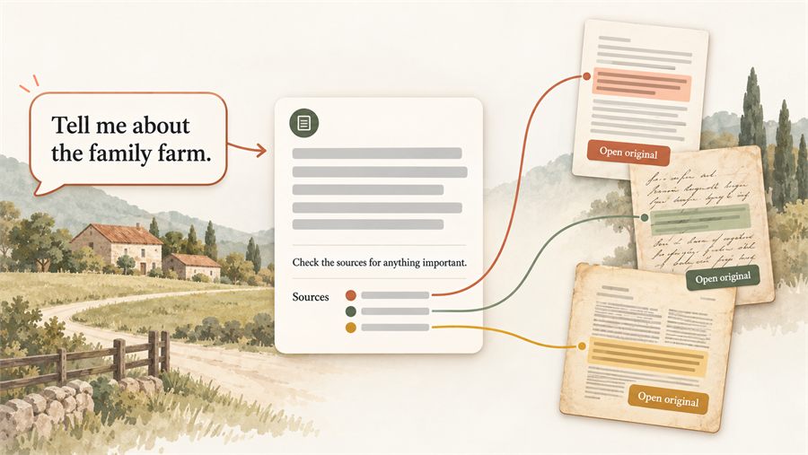 A question, Tell me about the family farm, leads to an answer card reading Check the sources for anything important, with lines connecting it to three original documents, each with an Open original button.