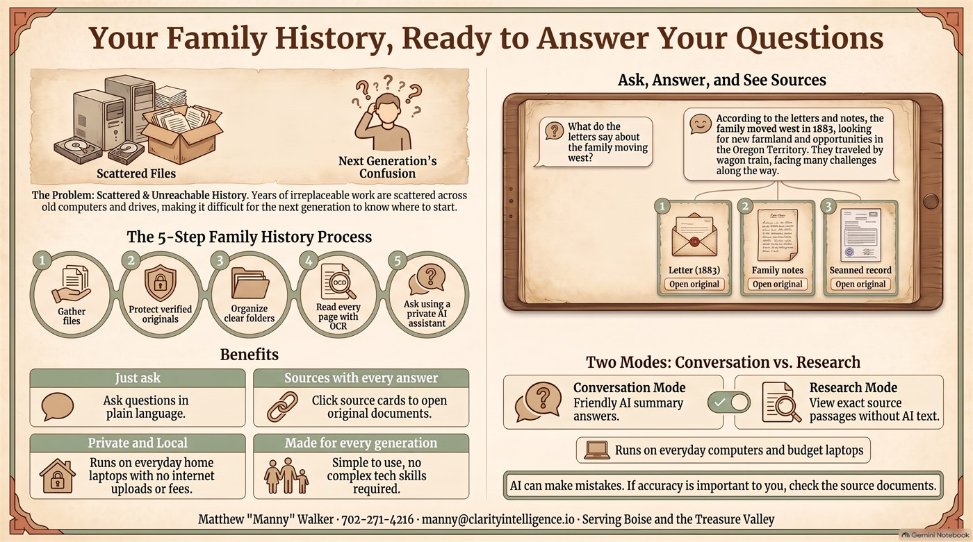 Infographic titled Your Family History, Ready to Answer Your Questions. The problem: years of family history scattered across old computers and drives, leaving the next generation confused. Five steps: gather files, protect verified originals, organize clear folders, read every page with text recognition, and ask a private AI assistant. An example question about the family moving west, with a friendly answer and three source documents. Benefits: just ask, sources with every answer, private and local, made for every generation. Two modes: Conversation mode for friendly AI answers, and Research mode for exact source passages without AI text. Runs on everyday computers and budget laptops. AI can make mistakes; if accuracy is important to you, check the source documents.