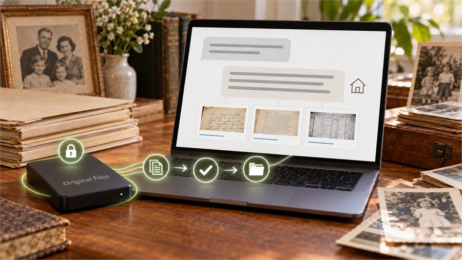 A drive labeled Original Files with a lock icon, connected by a checkmark and folder icons to a laptop showing a family history chat with source documents and a small house icon.