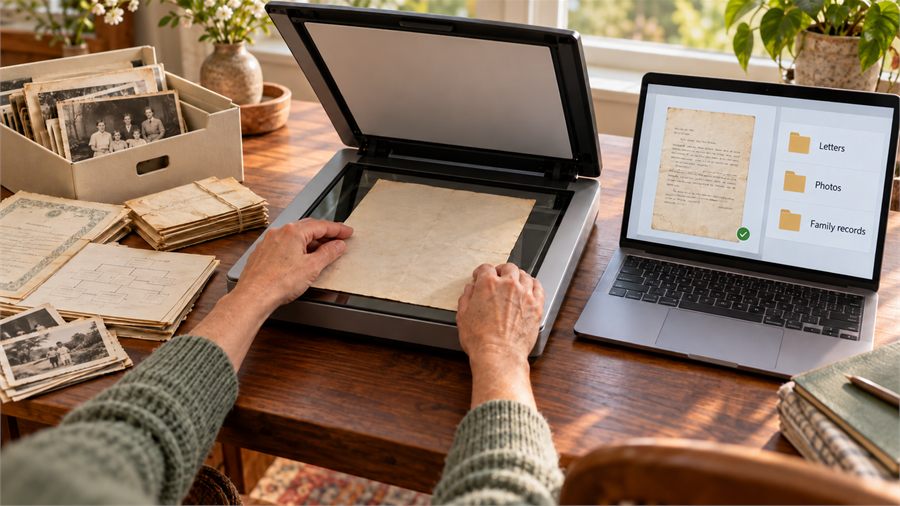 Hands place a faded letter on a flatbed scanner beside sorted old photographs and documents, while a laptop shows the scanned letter saved with a checkmark into folders labeled Letters, Photos, and Family records.