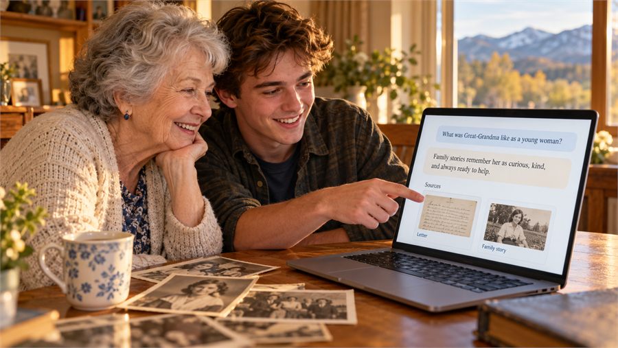 A smiling grandmother and her grandson at a table with old photographs. He points at a laptop showing the question What was Great-Grandma like as a young woman, a friendly answer, and sources: a letter and a family story.